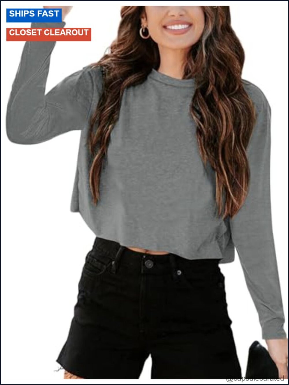 Long Sleeve Crop Top Crew Neck Loose Fit Drop Shoulder Casual Tee
